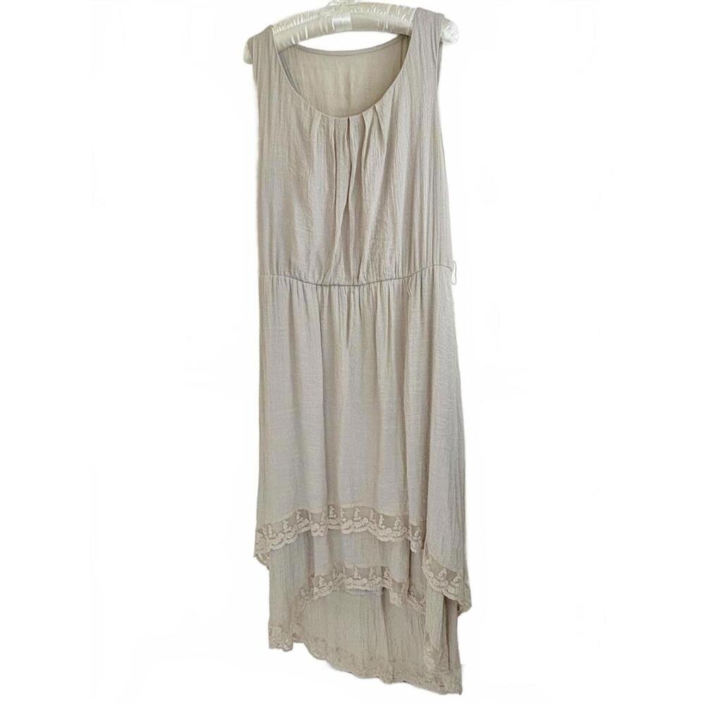 AGB Women’s 16 Beige Sleeveless Hi-Low Tiered Skirt Pleated Neck - Picture 2 of 8